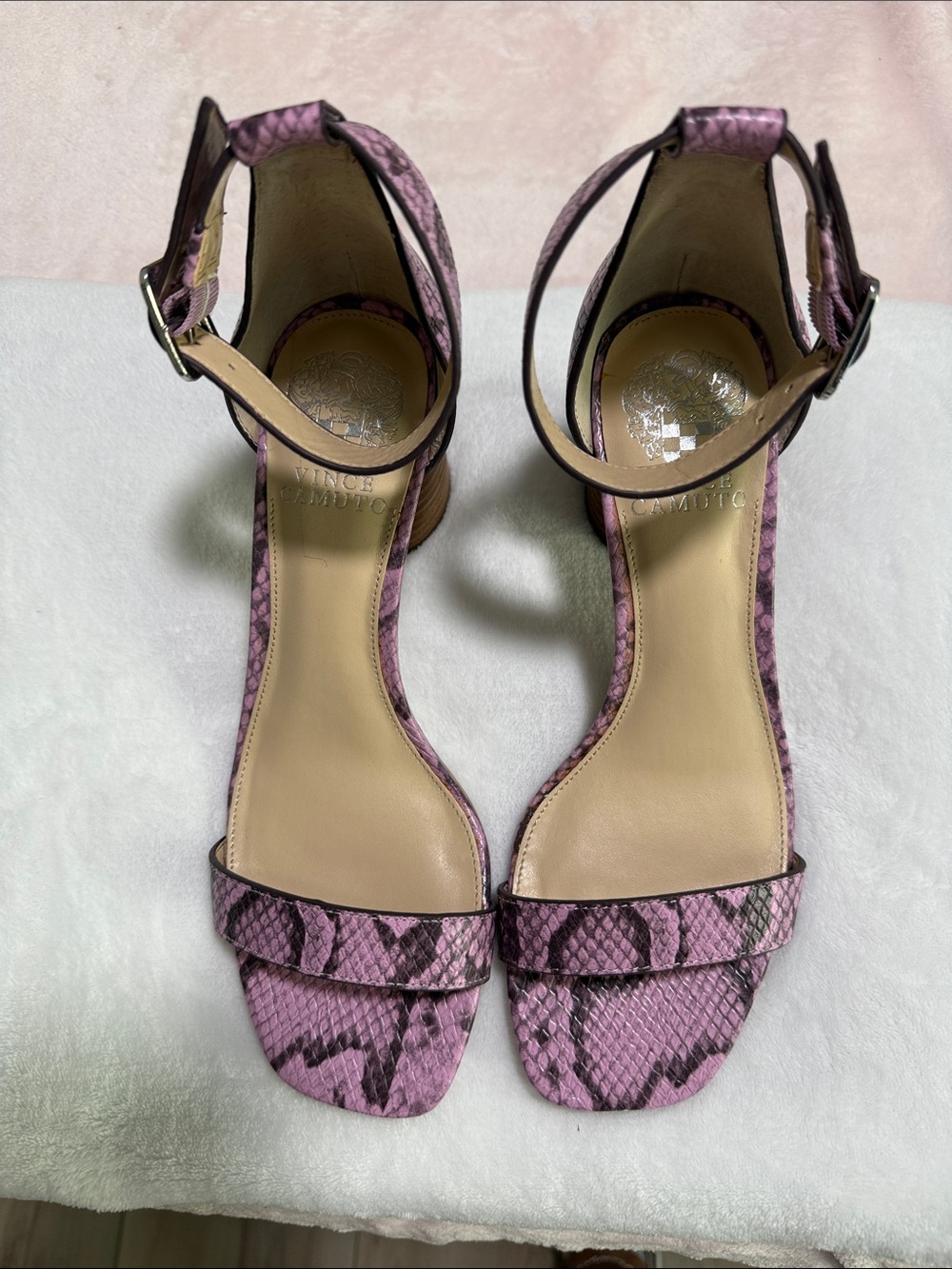 Vince Camuto Lilac Snake-Print Ankle Strap Heels